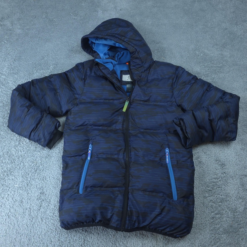 C9 Champion Jacket Kids Size 12-14 Blue Striped Puffer Hooded Fleece Lined Coat